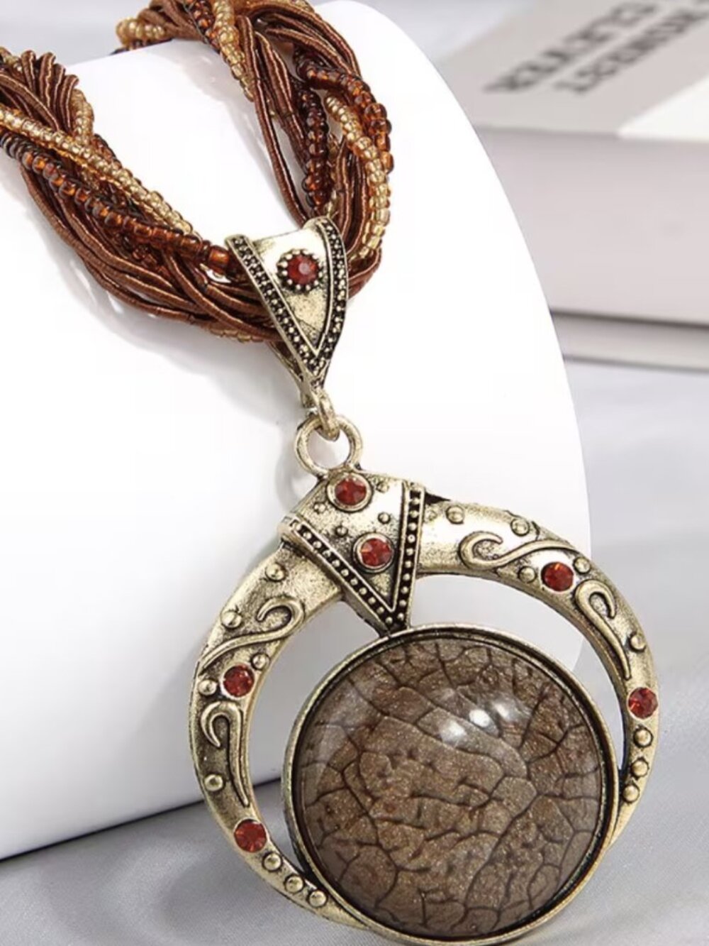 Bohemian Brown Marbled Stone Necklace Multilayer Cord & Beads Statement Jewelry